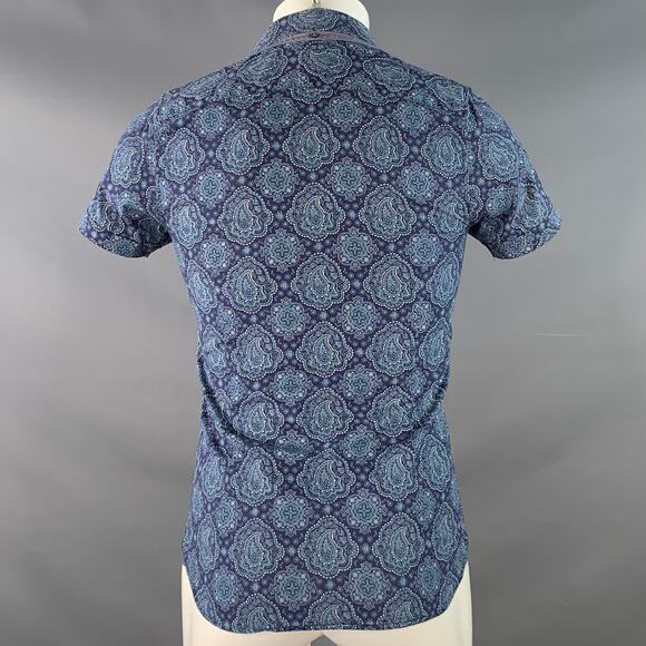TED BAKER XS Bcrumbs Navy Green Paisley Cotton Spread Collar Short Sleeve Shirt - Picture 4 of 6